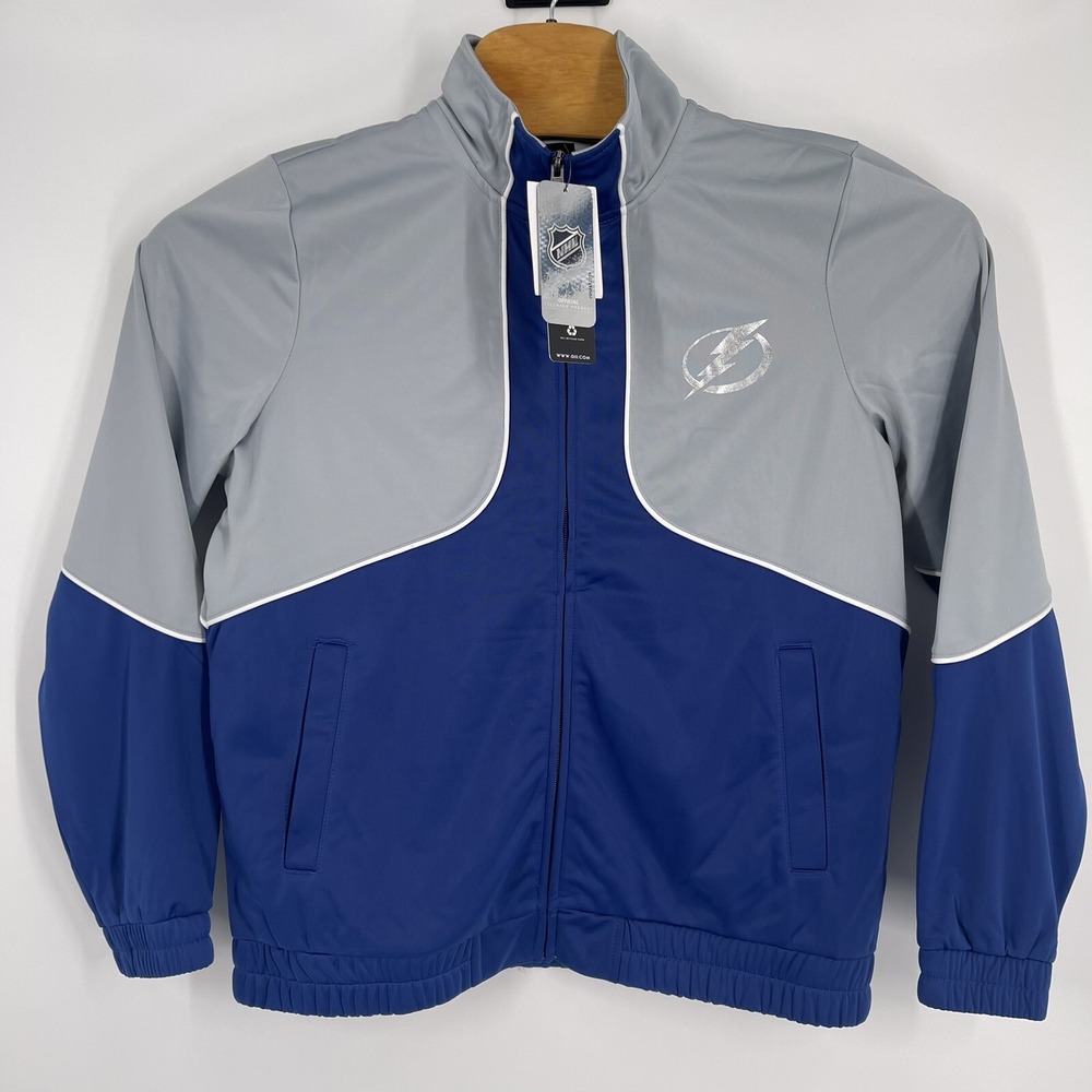 NHL Tampa Bay Lightning Mens Full Zip Track Jacket Grey Blue Silver Foil Logo L